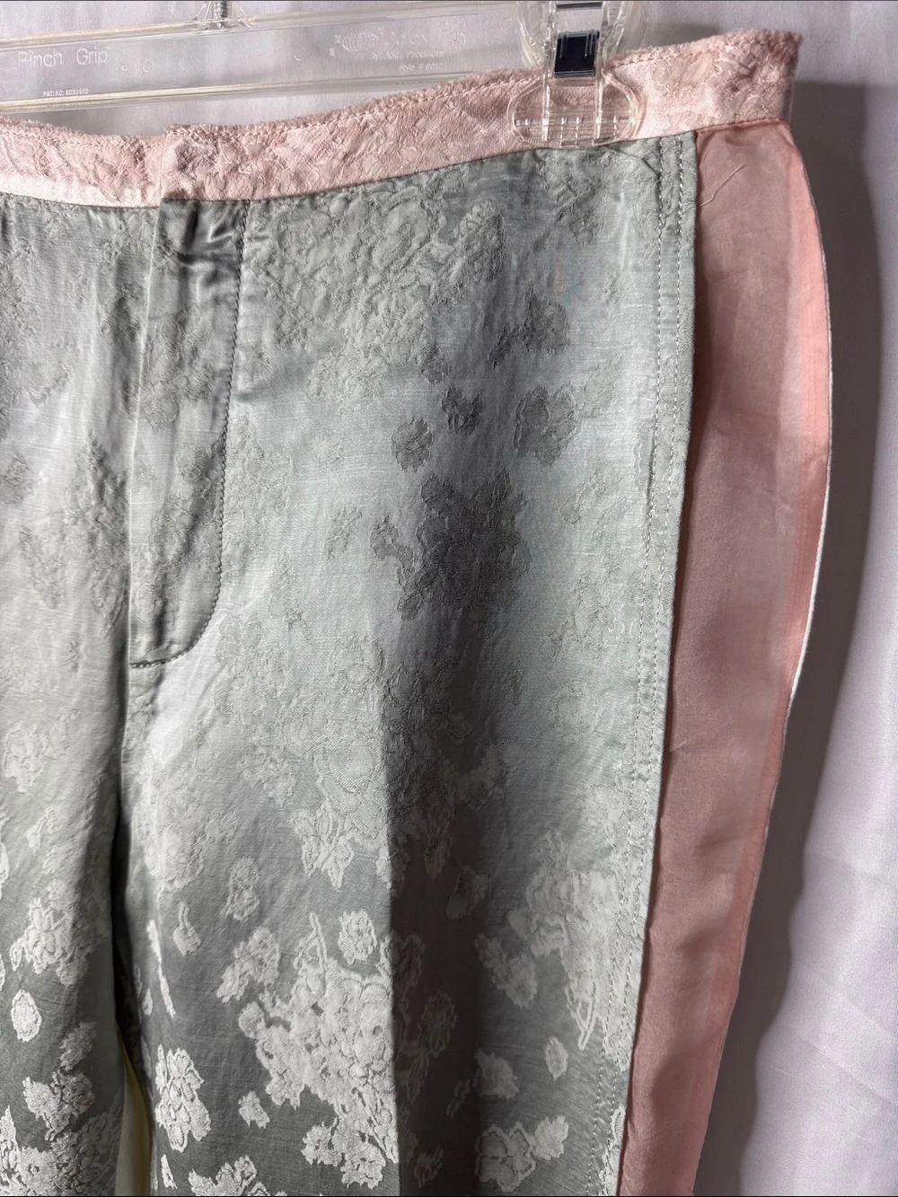 Zara Sage Green, Pink & White Jacquard Textured Pants with Sheer Pink Panels L